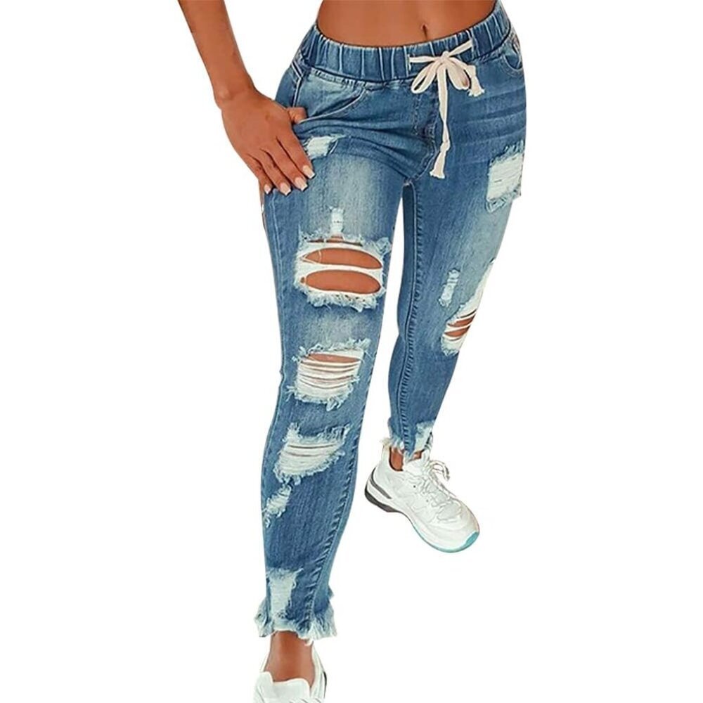 Women High Waist Ripped Skinny Jeans Plus Size Denim Pants Breathable